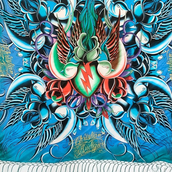 SCARF SHAWL WRAP ED HARDY 100% Silk Scarf Turquoise Aqua 40x40 Fringe Birds RARE - Picture 3 of 3